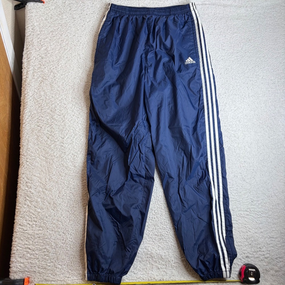 Adidas Vintage Navy Blue Nylon Windbreaker Track Pants 3 Stripe XL baggy loose